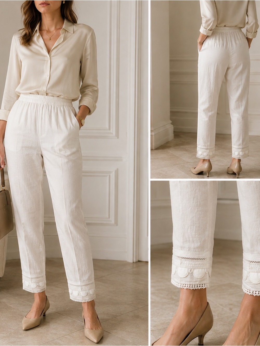 Elegant Cream Cropped Pull-On Ankle Pants with Lace Trim